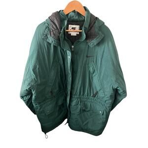 VINTAGE 90s Nike Jacket Womens Medium Green Puffer Hooded Mid Length